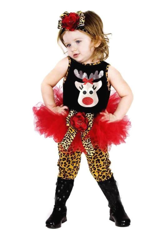 Leoard Reindeer Tutu Dress, Leggings and Headband Set