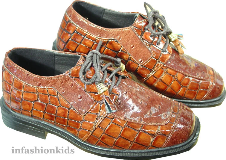 BROWN Boys Dress Shoes - Faux Crocodile - Young Boys 3 to 6