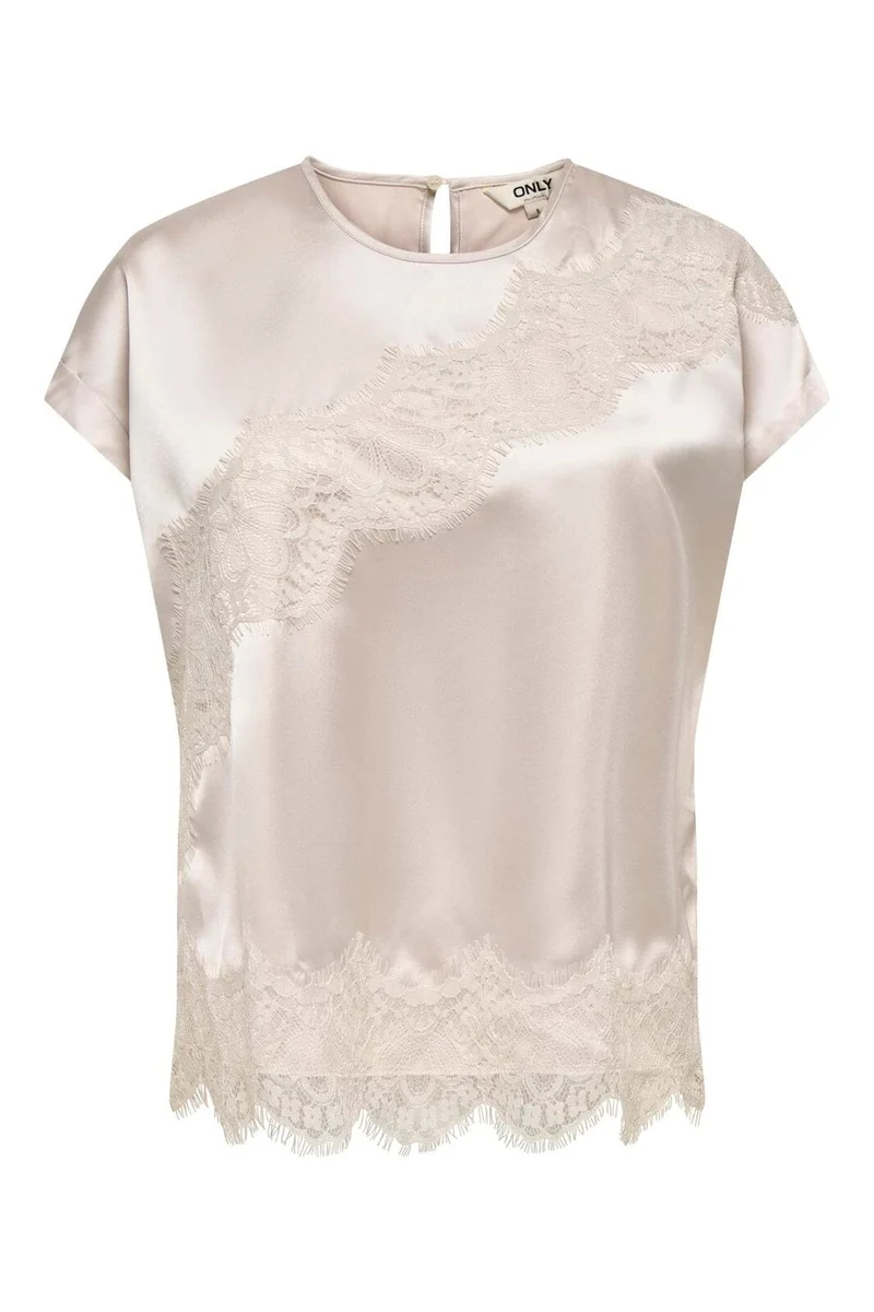 Only - Onlbella Ss Satin Lace Top - 5116501 Oatmeal Dtm Lace