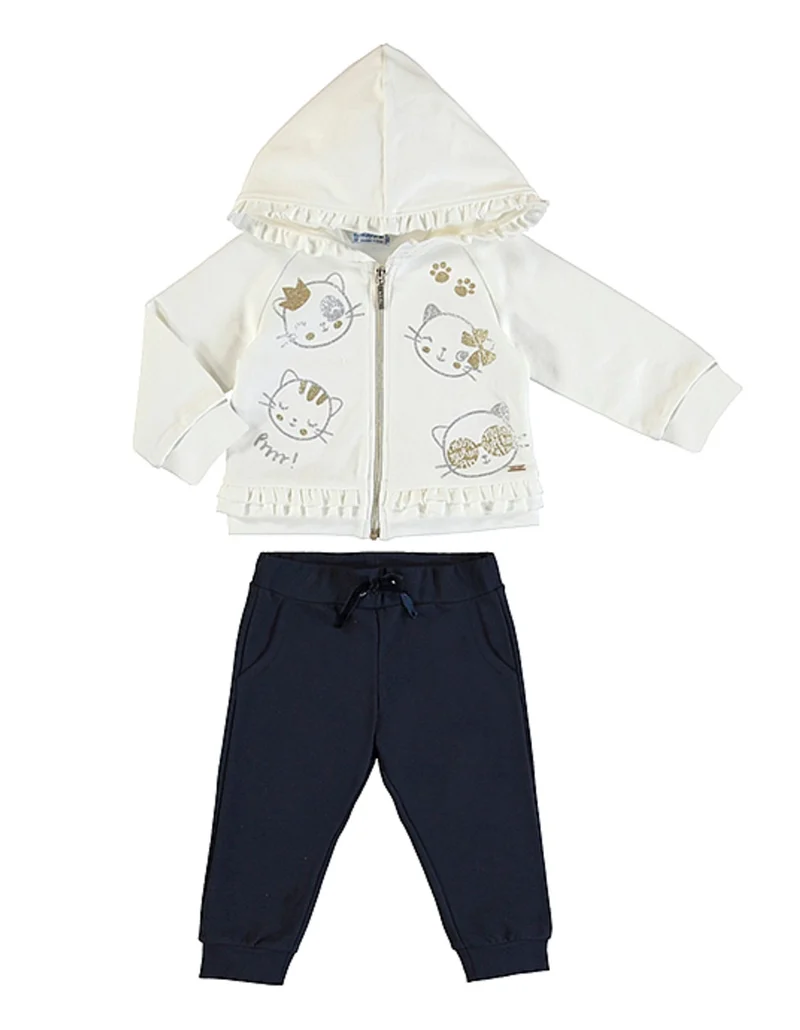Mayoral Kitty Cat Baby Girls Jog Set , Zip Hooded Sweatshirt and Pants Set