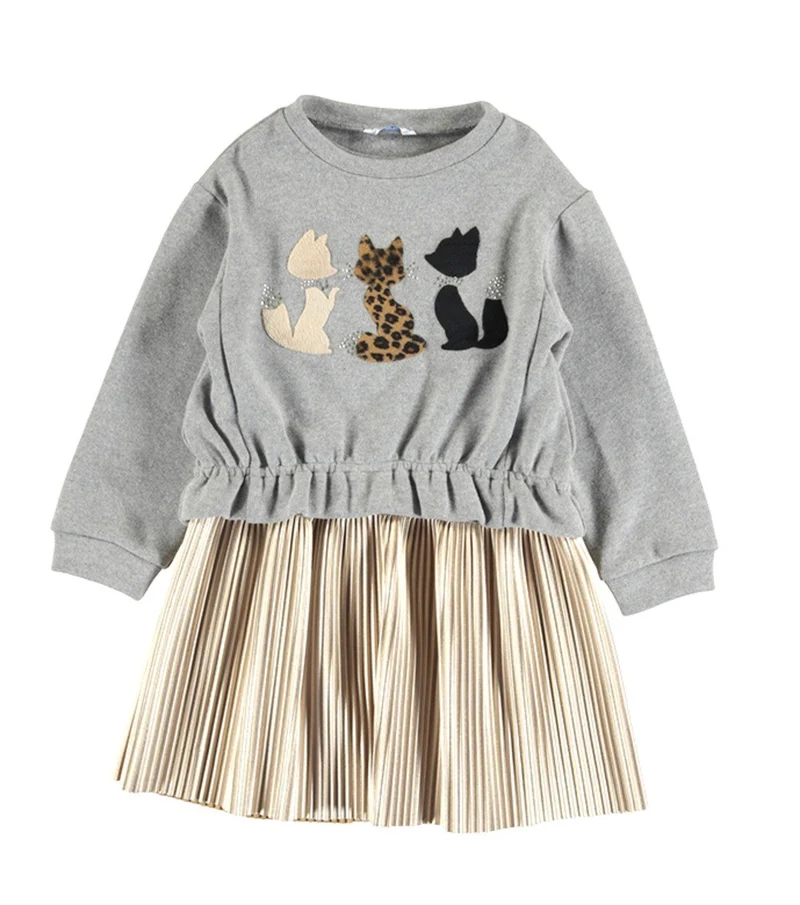 Mayoral Girls Long Sleeve Cats Pleated Hem Dress Girls 7 - 10