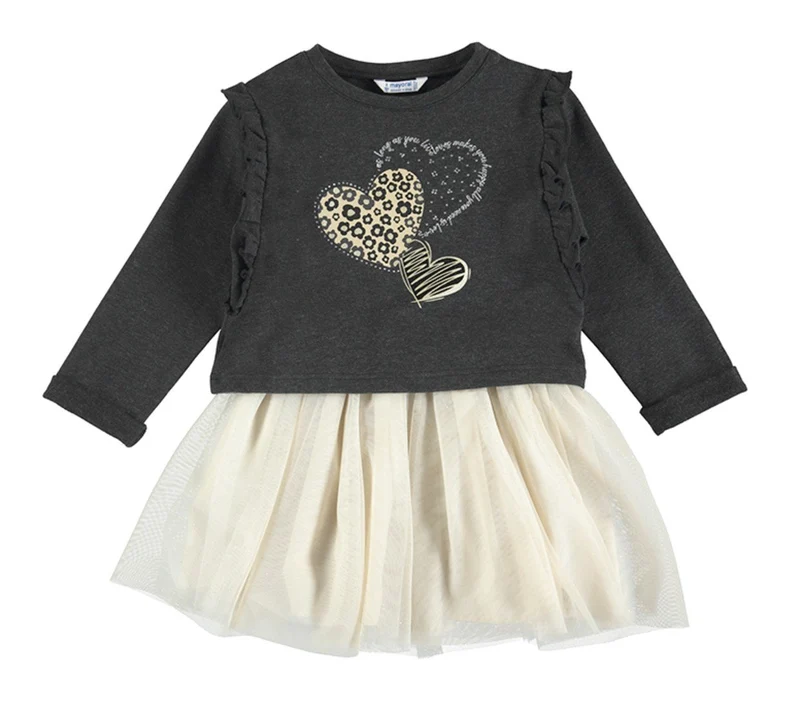 Mayoral Girls Voile Trimmed Gray Heart Dress