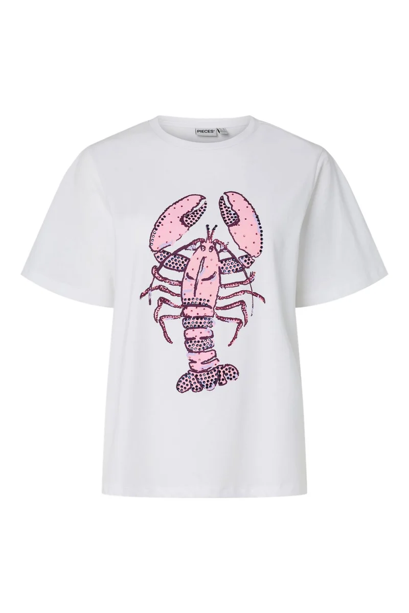 Pieces - Pcpop Ss Embelishment T-Shirt - 5079983 Bright White Lobster With Embelishment