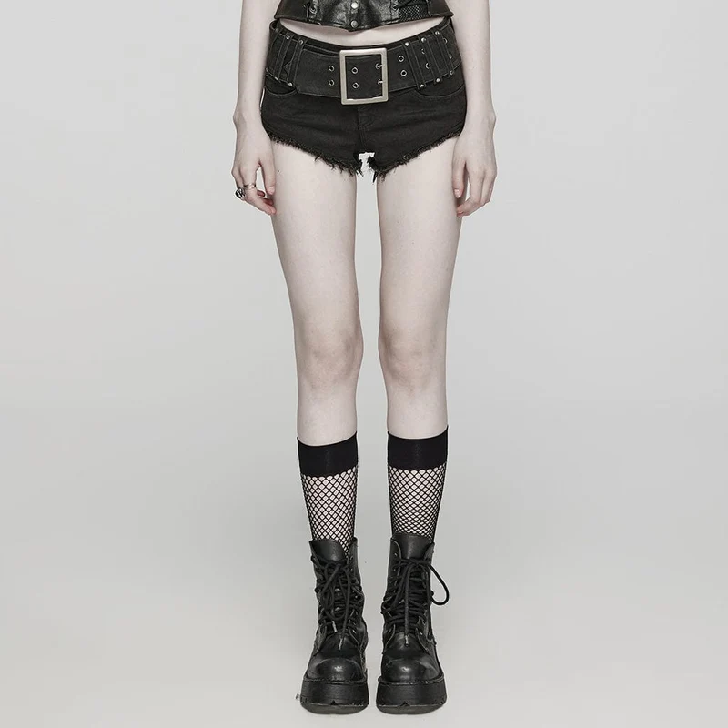 Punk Spänne Eyelets Denim Shorts för kvinnor