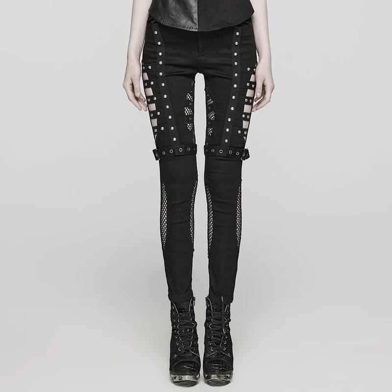 Punk Cutout Mesh Eyelet Jeans för kvinnor