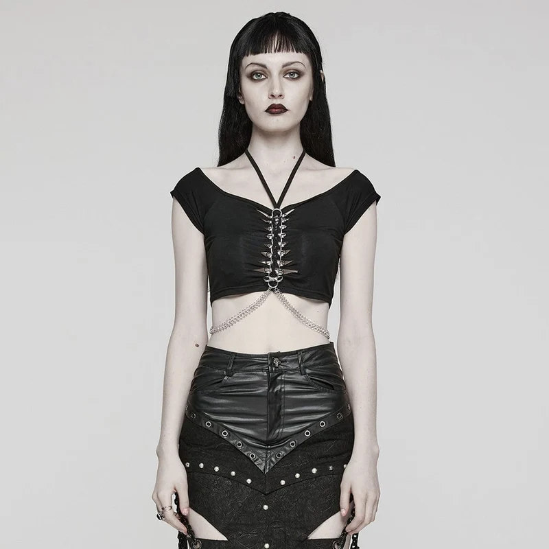 Kvinnors Punk Cutout Ring Kedja Kortärmad Crop Top