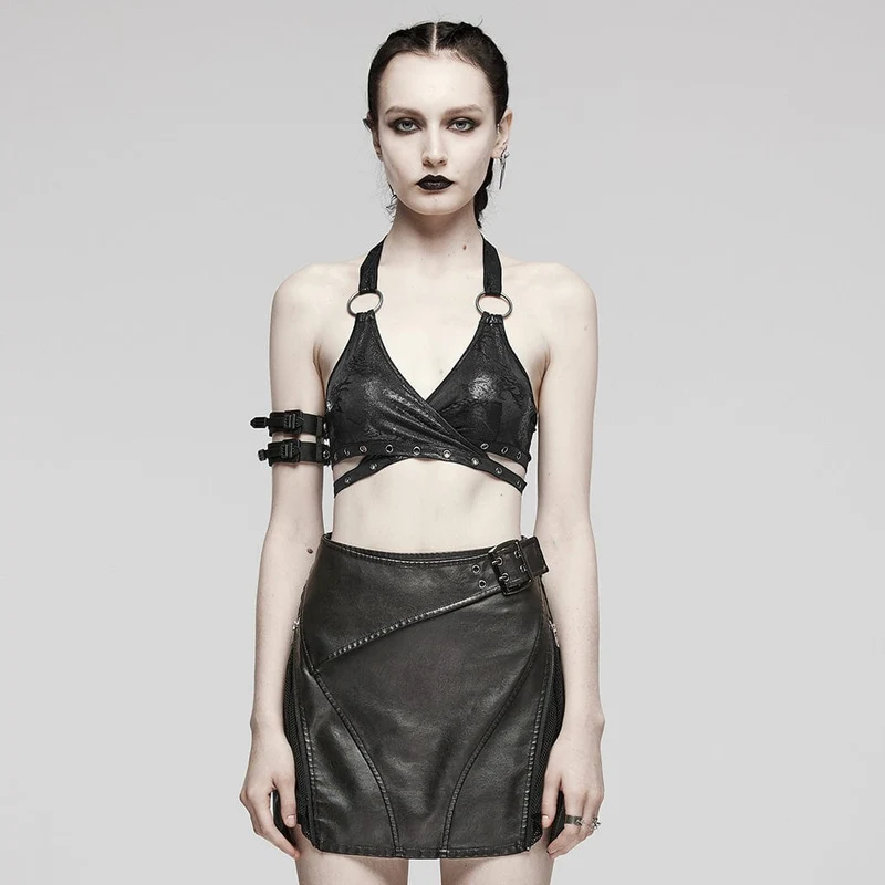 Dam Punk Ring Eyelet Halter Bustier Svart