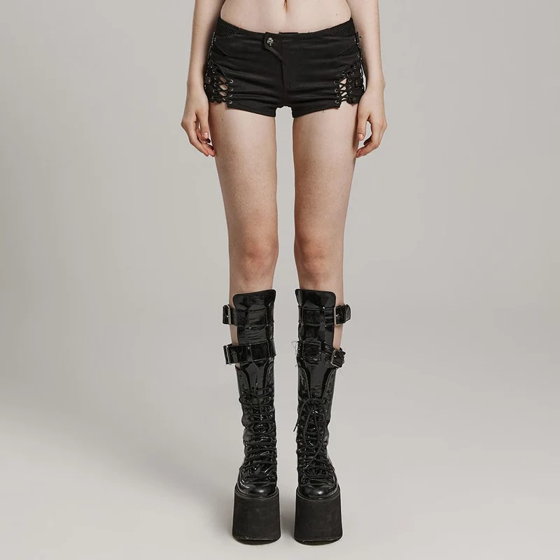 Punkshorts med spänne i mesh med spetsar för kvinnor